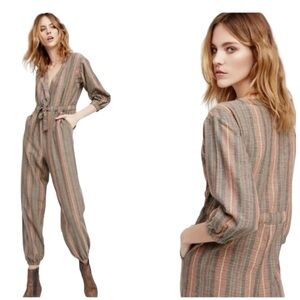 FREE PEOPLE Loveland Metallic Striped Jumpsuit Wool Blend Bohemian SZ Small NEW